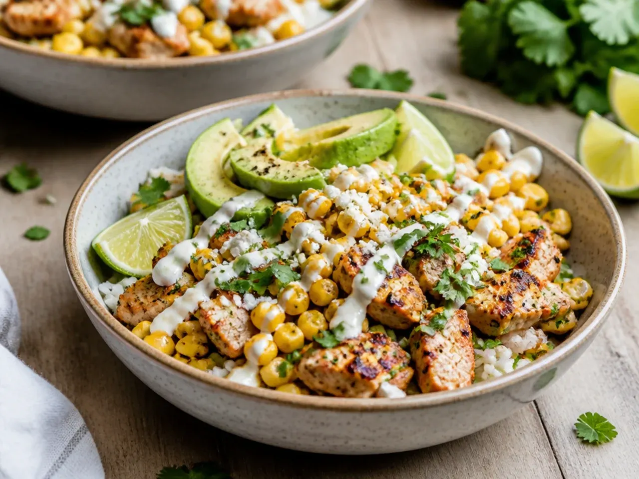Street corn chicken rice bowl toppings bar set out for a crowd