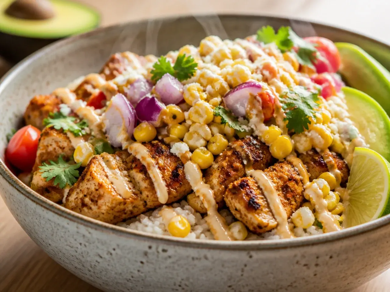 Meal-prep containers of street corn chicken rice bowl ready for the week
