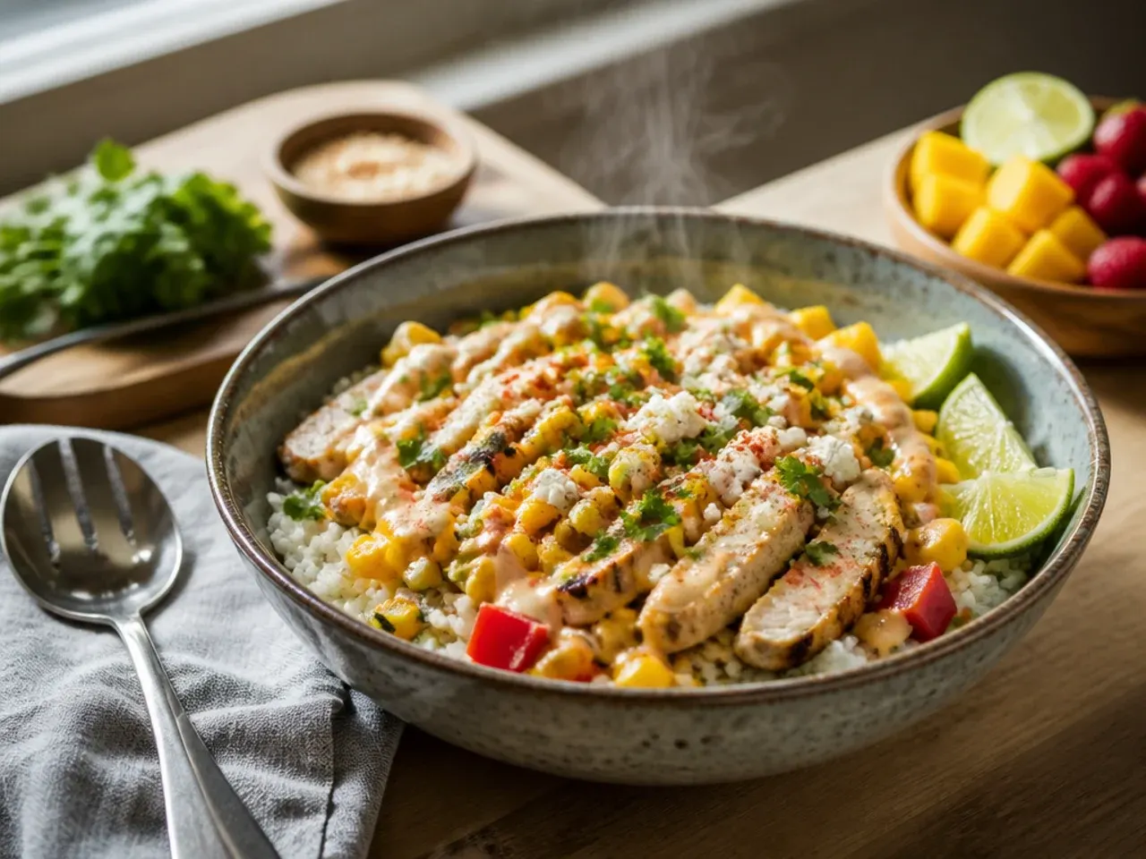 Family-friendly mild street corn chicken rice bowl in a kid-sized portion