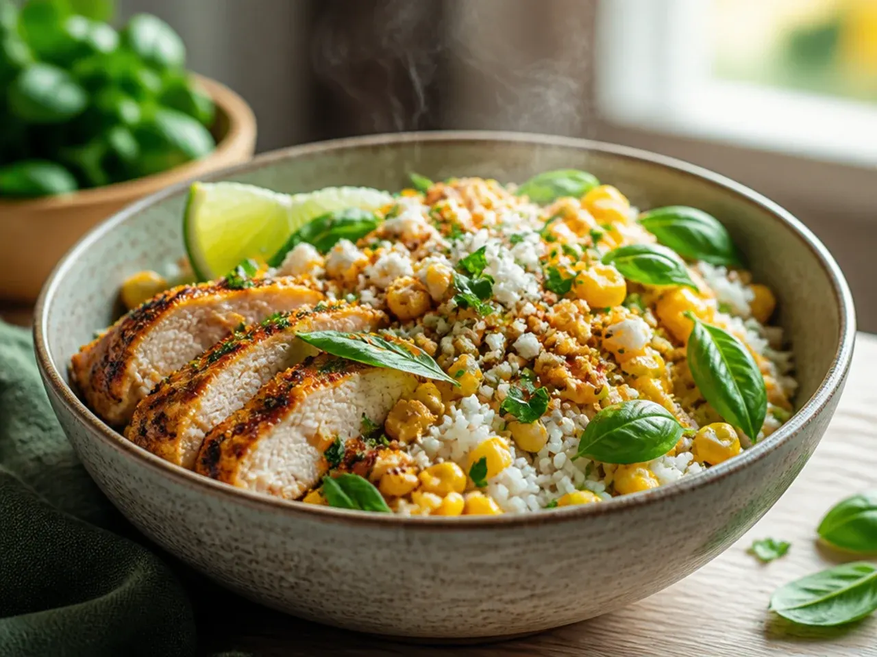 Festive street corn chicken rice bowl platter with pomegranate and peppers