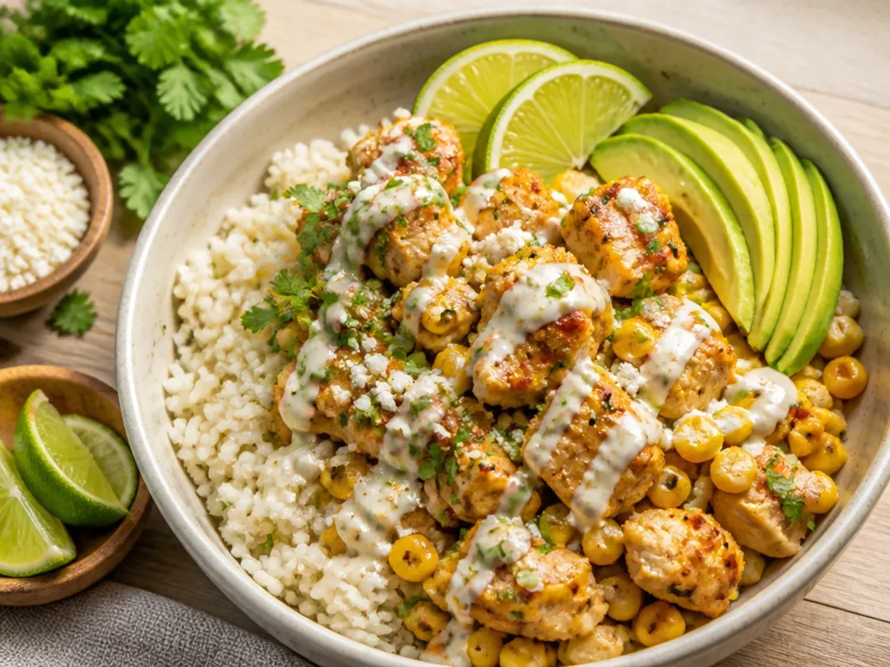 Quick one-pan street corn chicken rice bowl cooked in a single skillet