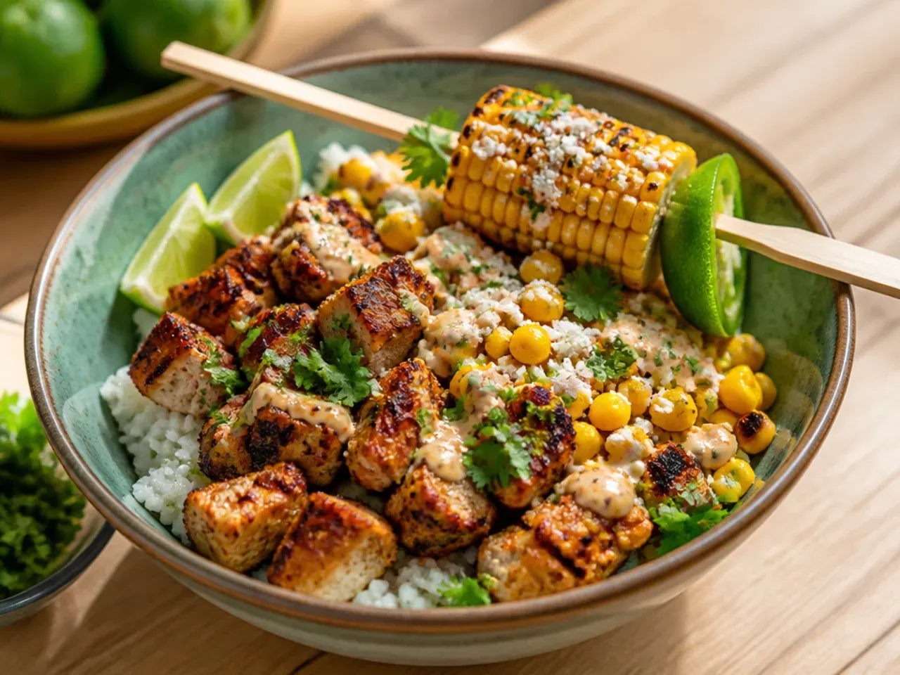 Homemade cilantro-lime rice base for a street corn chicken rice bowl