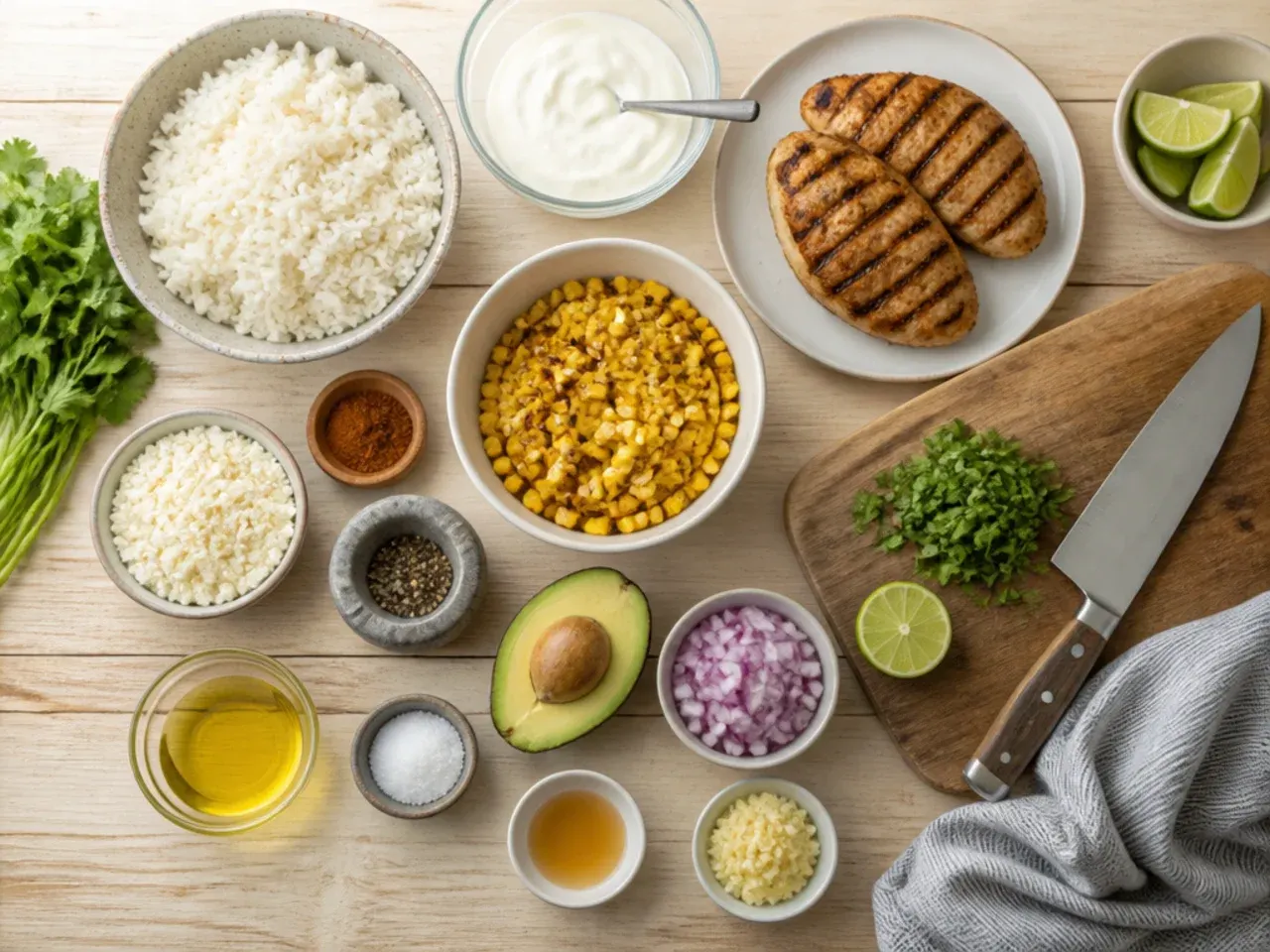 Close-up of corn charring in a hot skillet for a street corn chicken rice bowl