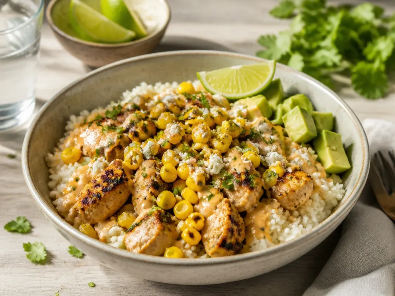 Street corn chicken rice bowl served with lime wedges and tortilla chips on the side