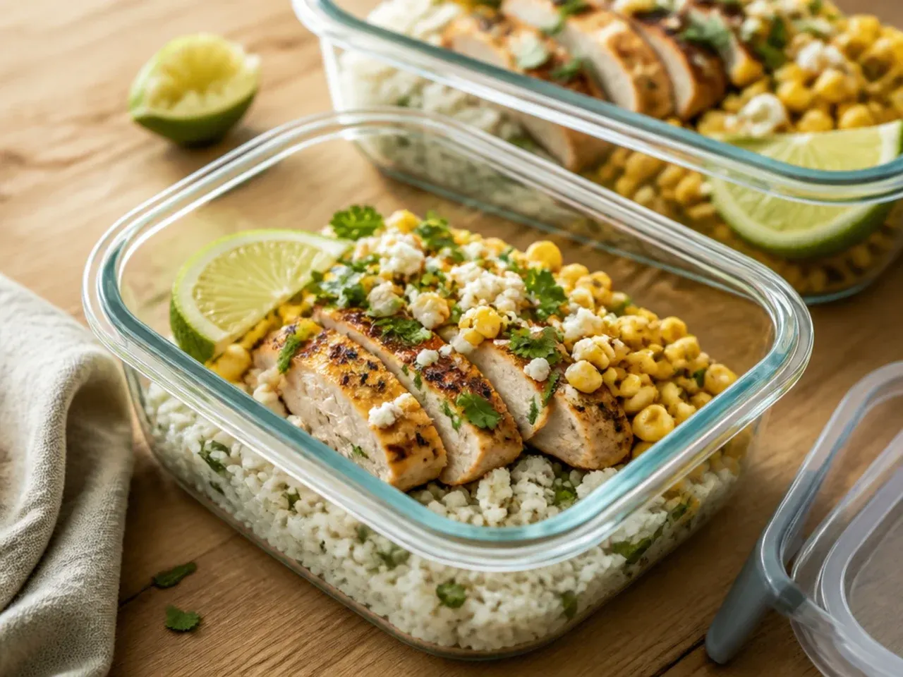 Leftover street corn chicken rice bowl stored in a glass meal-prep container