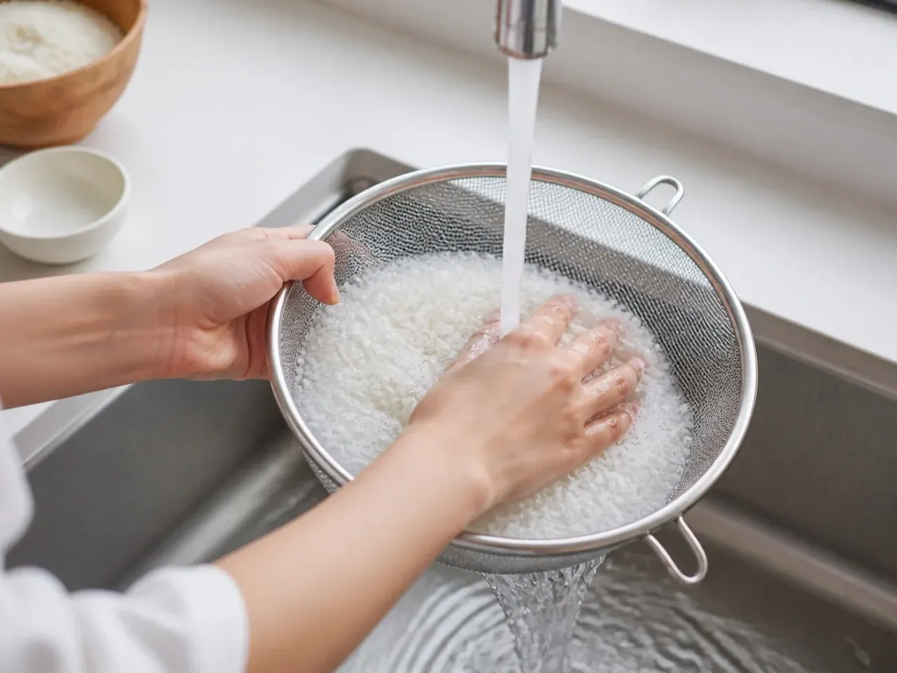 healthy sushi bowl — step 1: rinse the rice