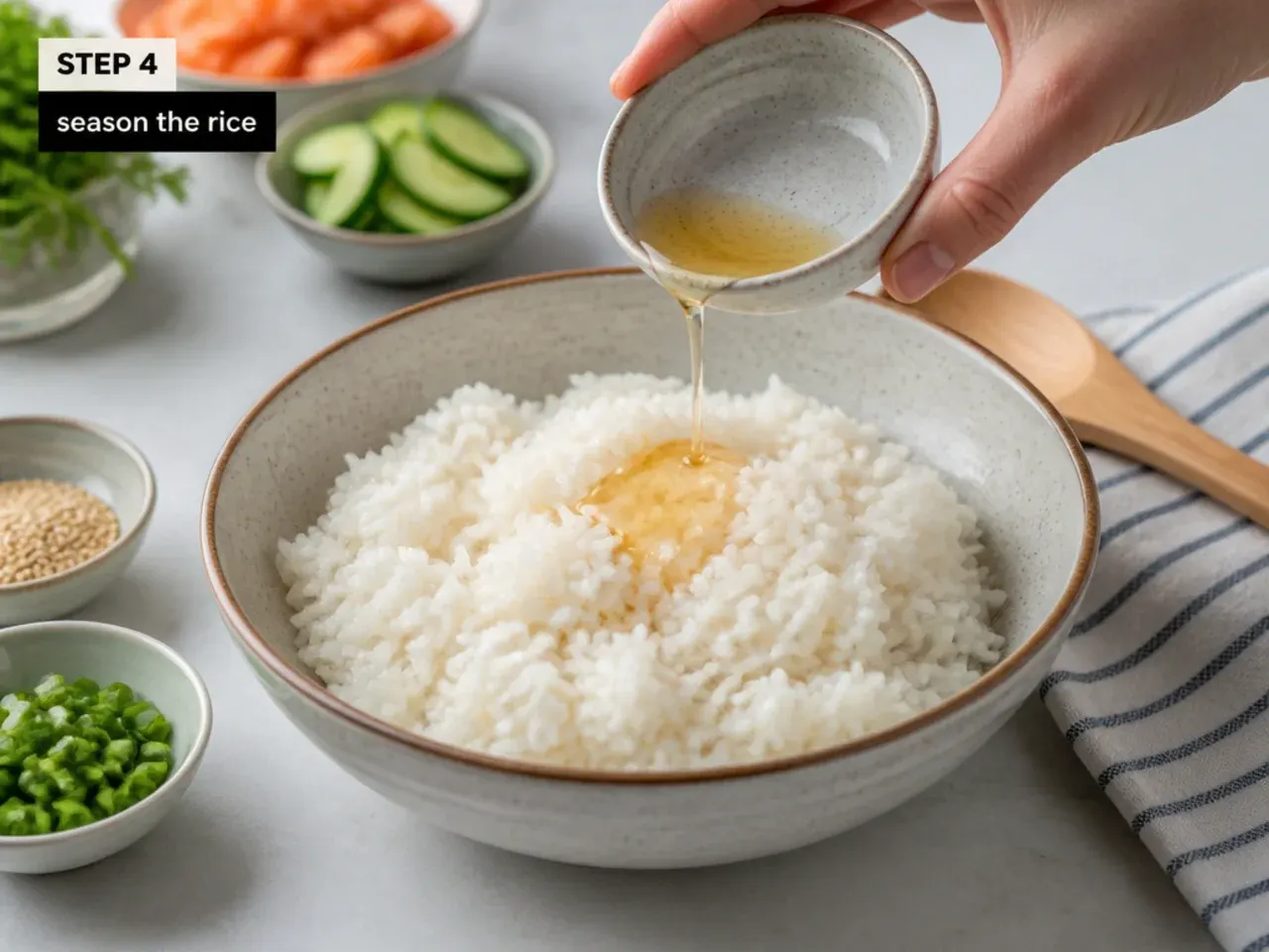 healthy sushi bowl — step 4: season the rice
