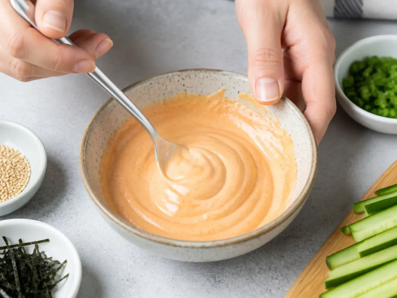healthy sushi bowl — step 5: mix the sriracha mayo