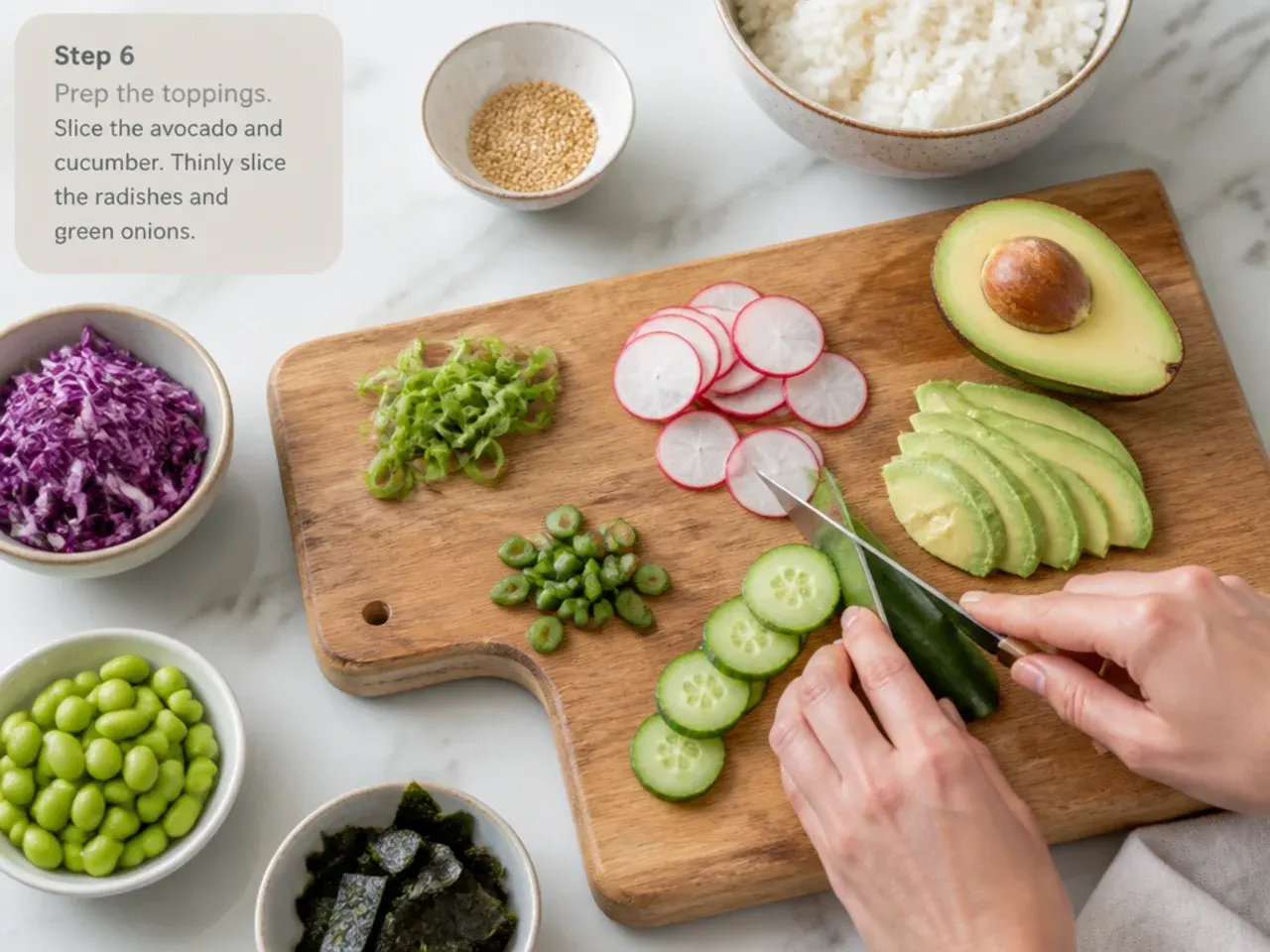 healthy sushi bowl — step 6: prep the toppings