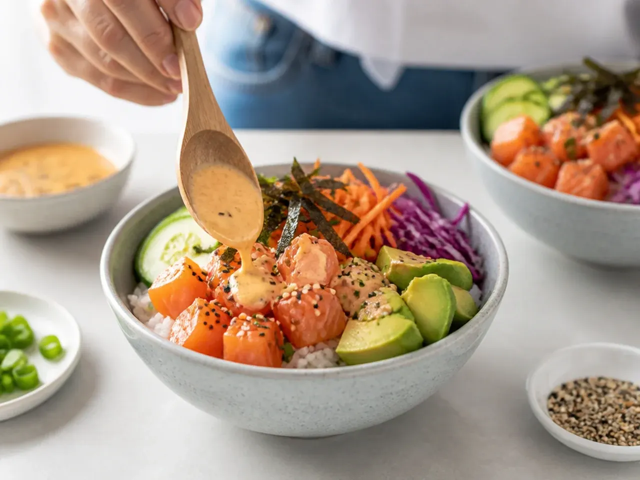 healthy sushi bowl — step 7: assemble the bowls