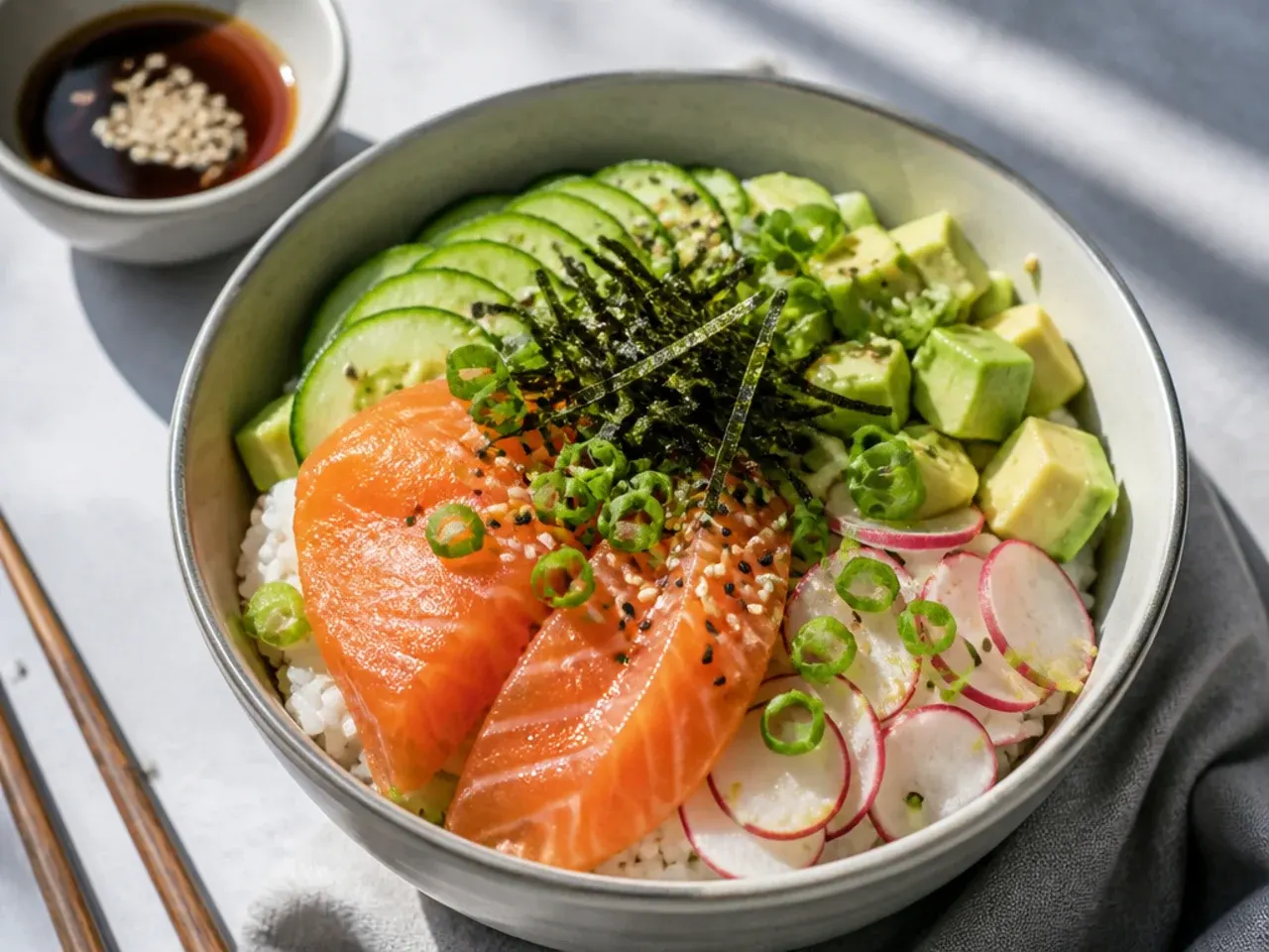 healthy sushi bowl — elegant salmon sashimi sushi bowl