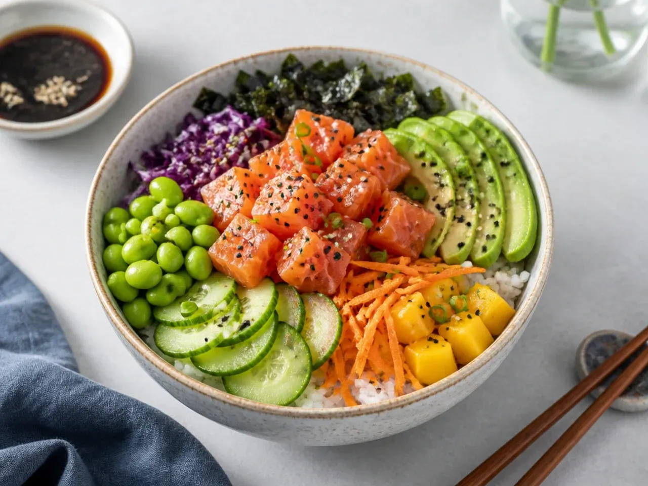 healthy sushi bowl — playful rainbow poke-style bowl