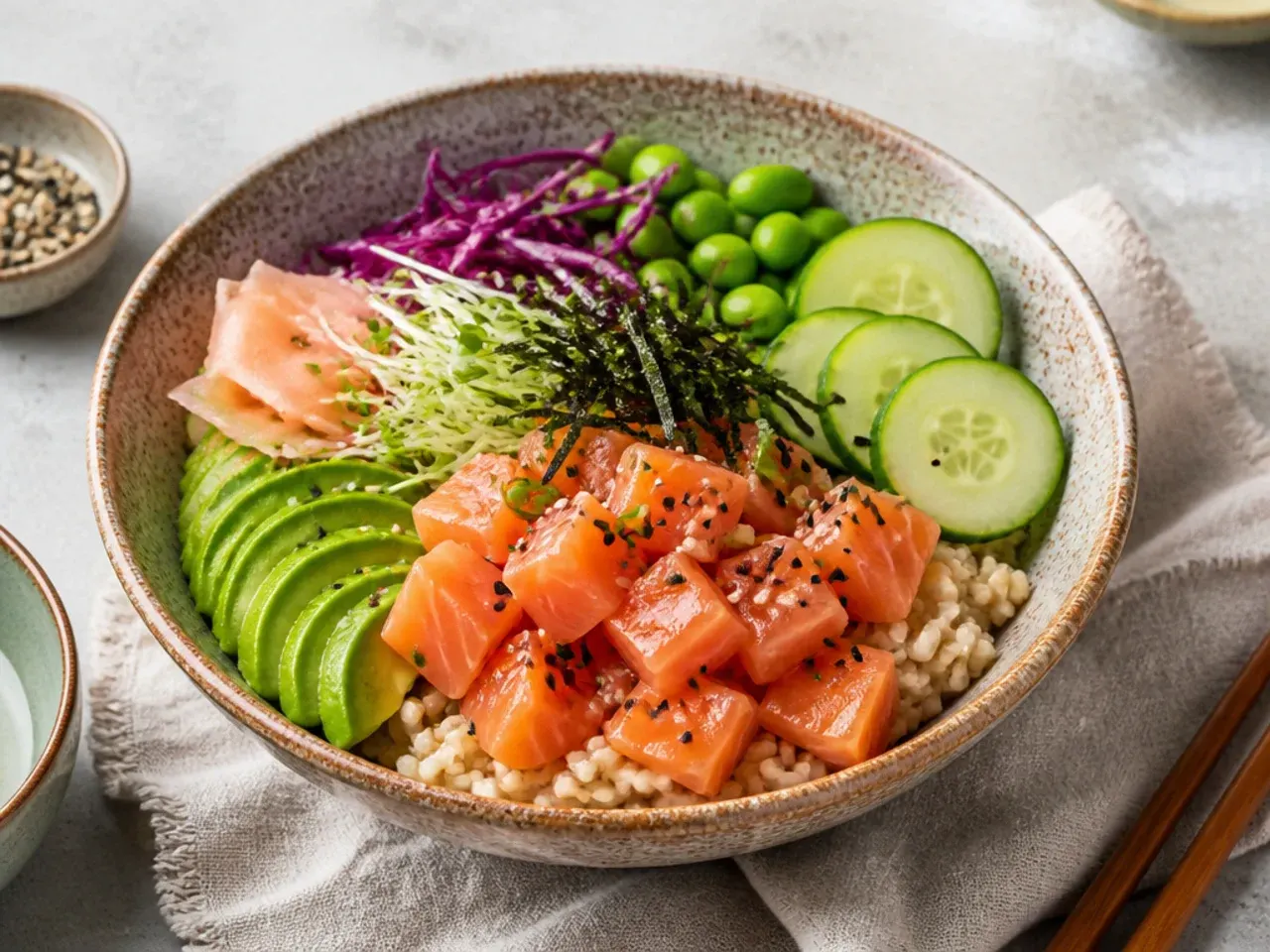 healthy sushi bowl — rustic brown rice grain bowl
