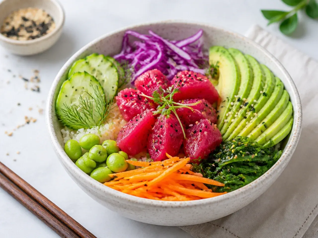 healthy sushi bowl — colorful beet-cured salmon bowl