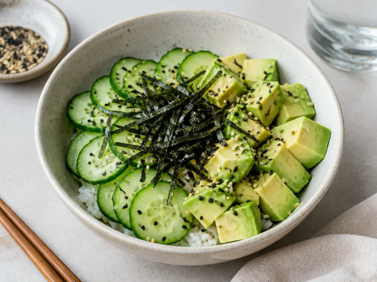 healthy sushi bowl — minimal cucumber and avocado bowl