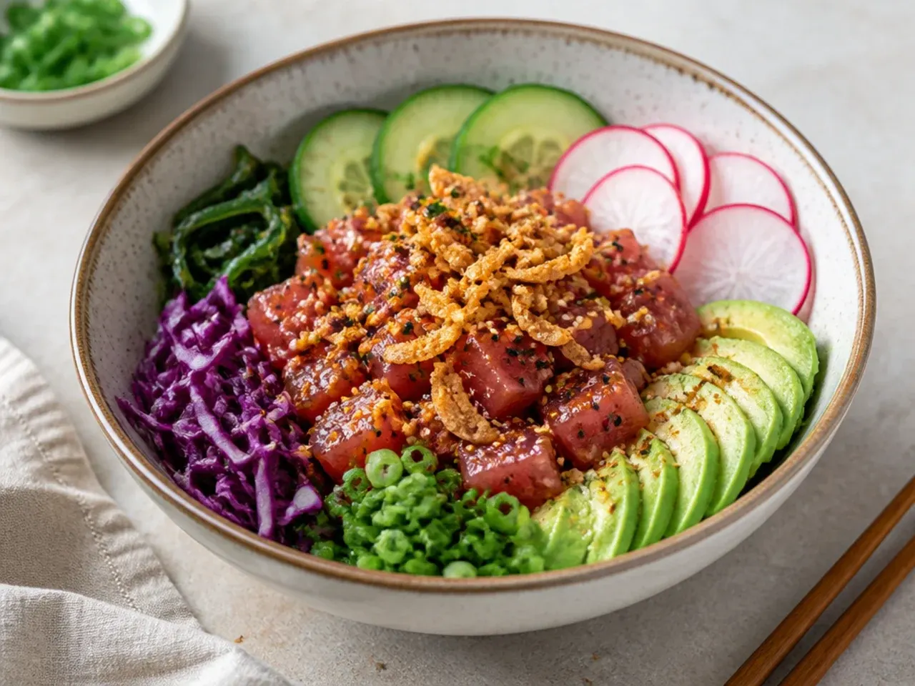 healthy sushi bowl — festive spicy tuna bowl with crispy onions