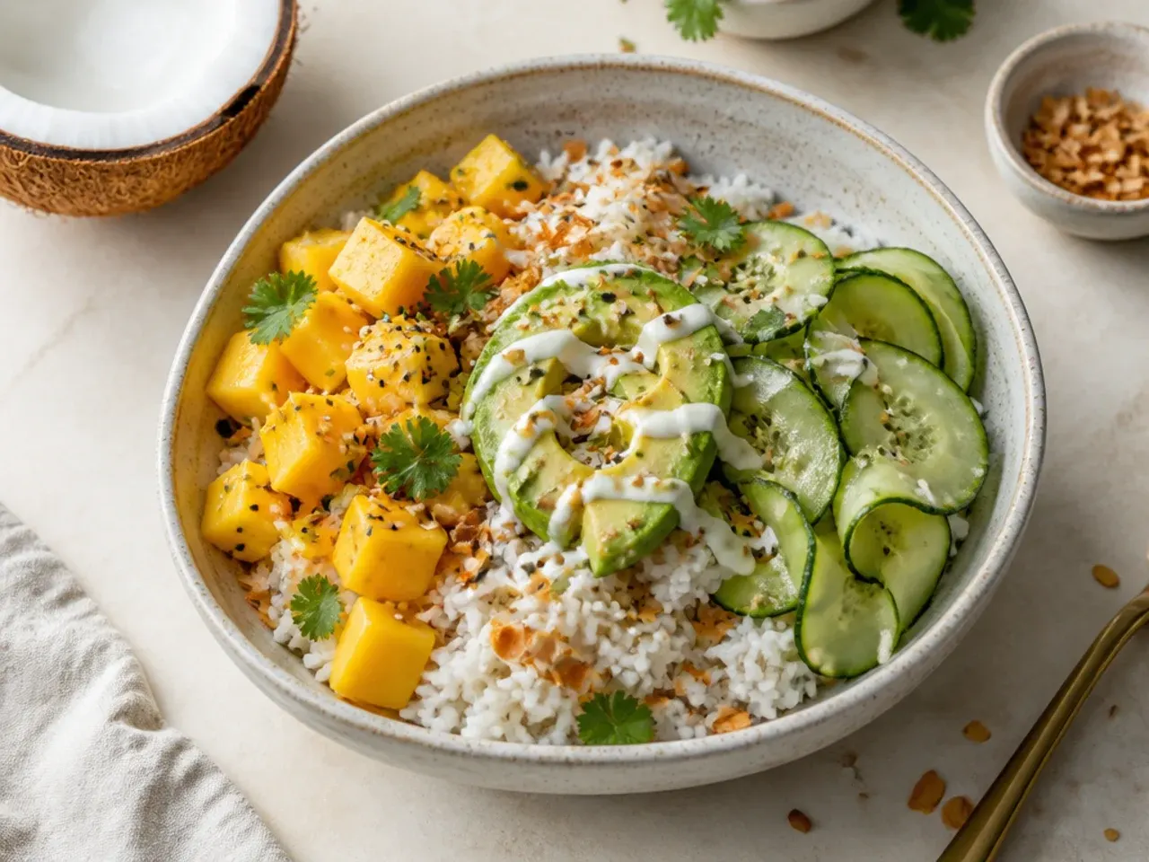 healthy sushi bowl — whimsical mango-coconut sushi bowl