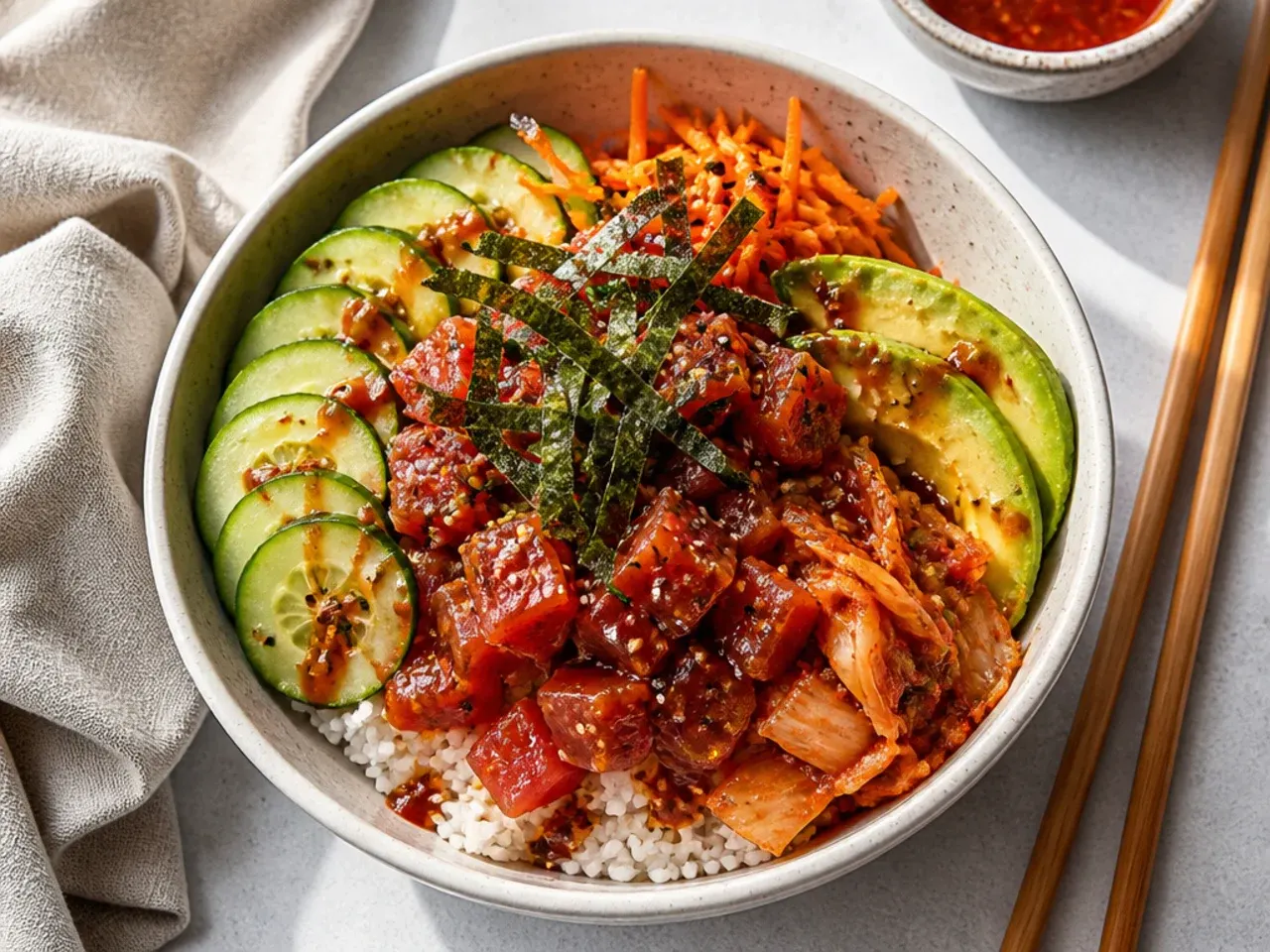 healthy sushi bowl — bold korean-inspired gochujang bowl