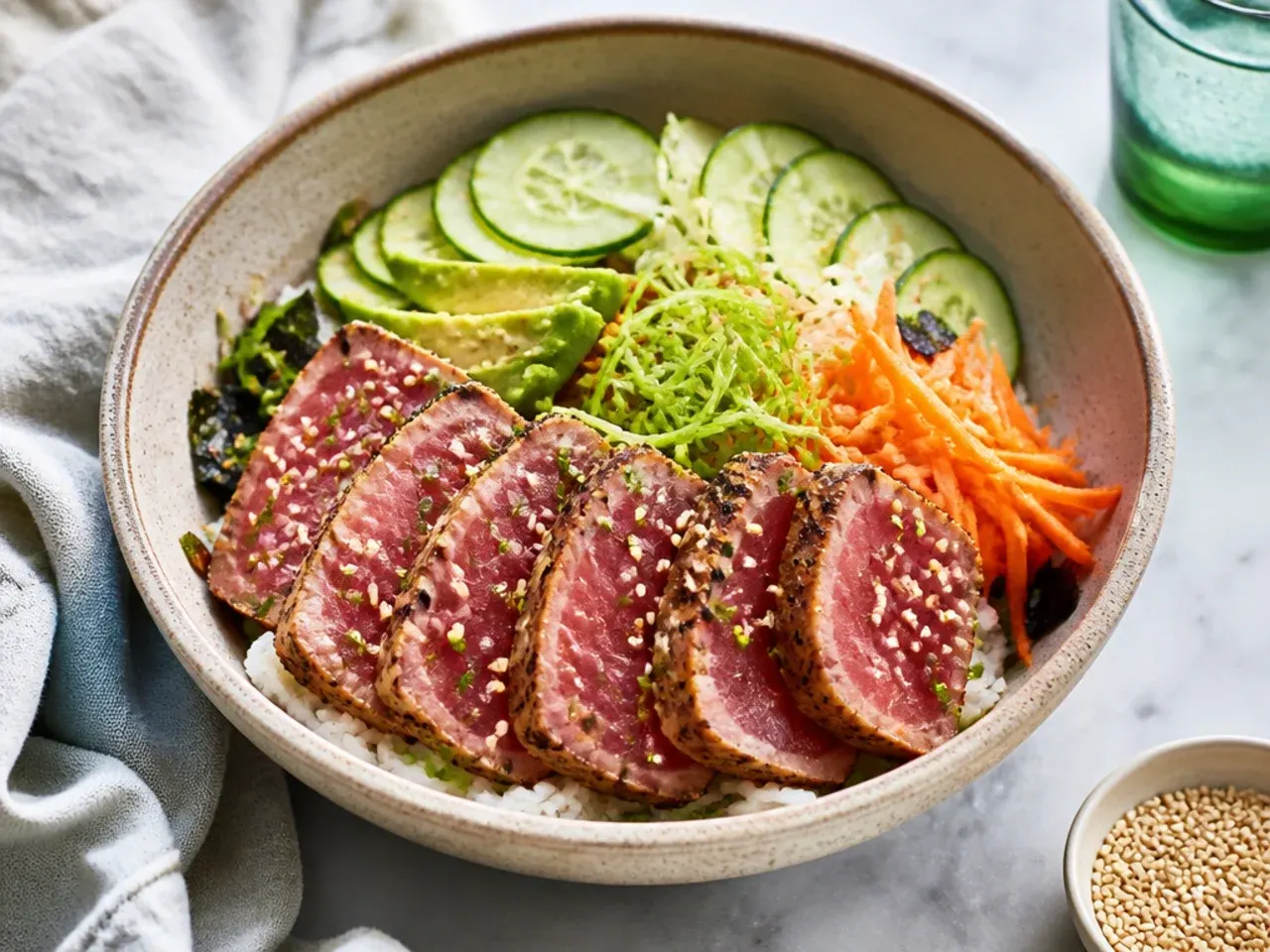 healthy sushi bowl — delicate ahi tuna tataki bowl