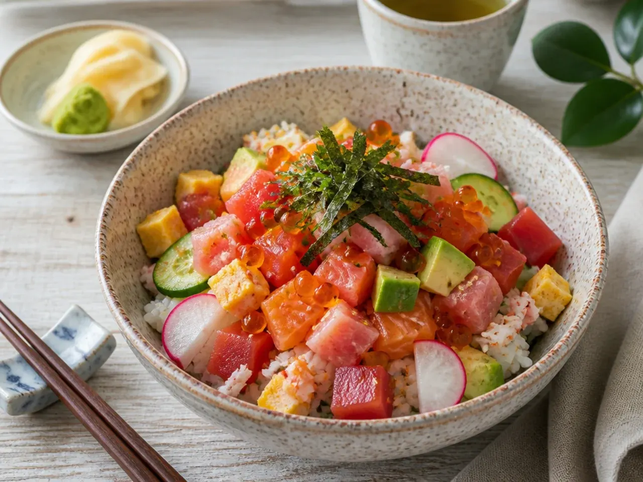 healthy sushi bowl — vintage chirashi-style bowl