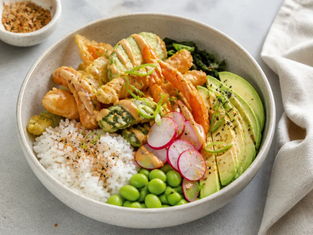 healthy sushi bowl — creative crunchy tempura veggie bowl
