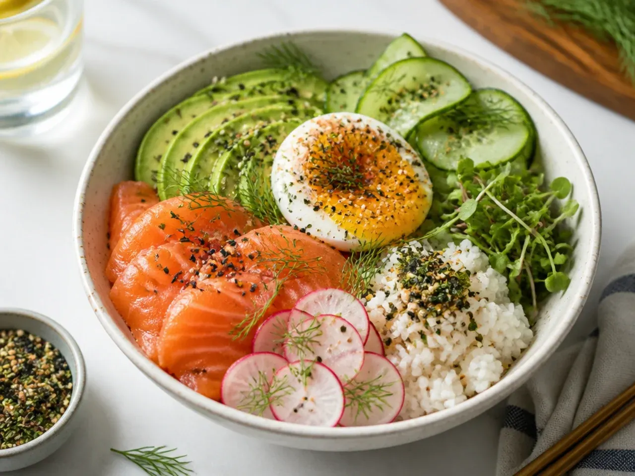 healthy sushi bowl — charming smoked salmon breakfast bowl