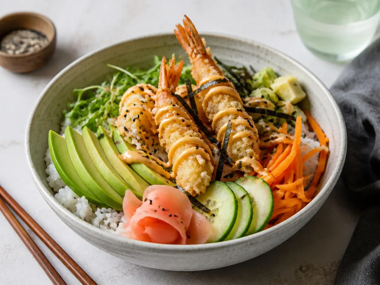 healthy sushi bowl — classic shrimp tempura sushi bowl
