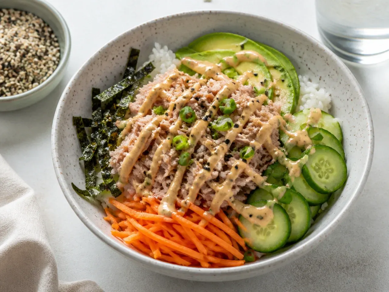 healthy sushi bowl — easy canned tuna pantry bowl