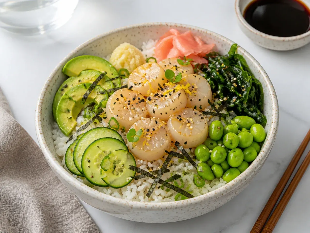 healthy sushi bowl — elegant scallop and yuzu bowl