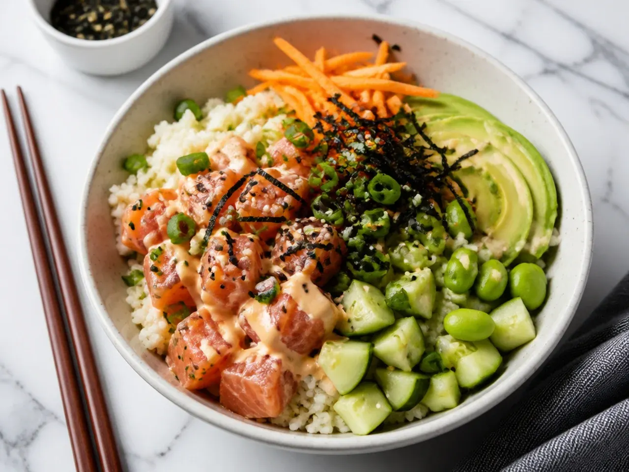 healthy sushi bowl — modern low-carb cauliflower rice bowl