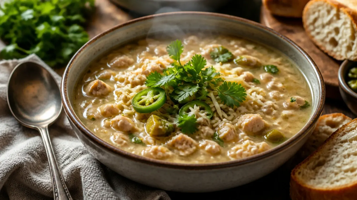 Overhead shot of a bowl of creamy healthy white chicken chili topped with avocado, coriander and lime, with tortilla chips on the side.