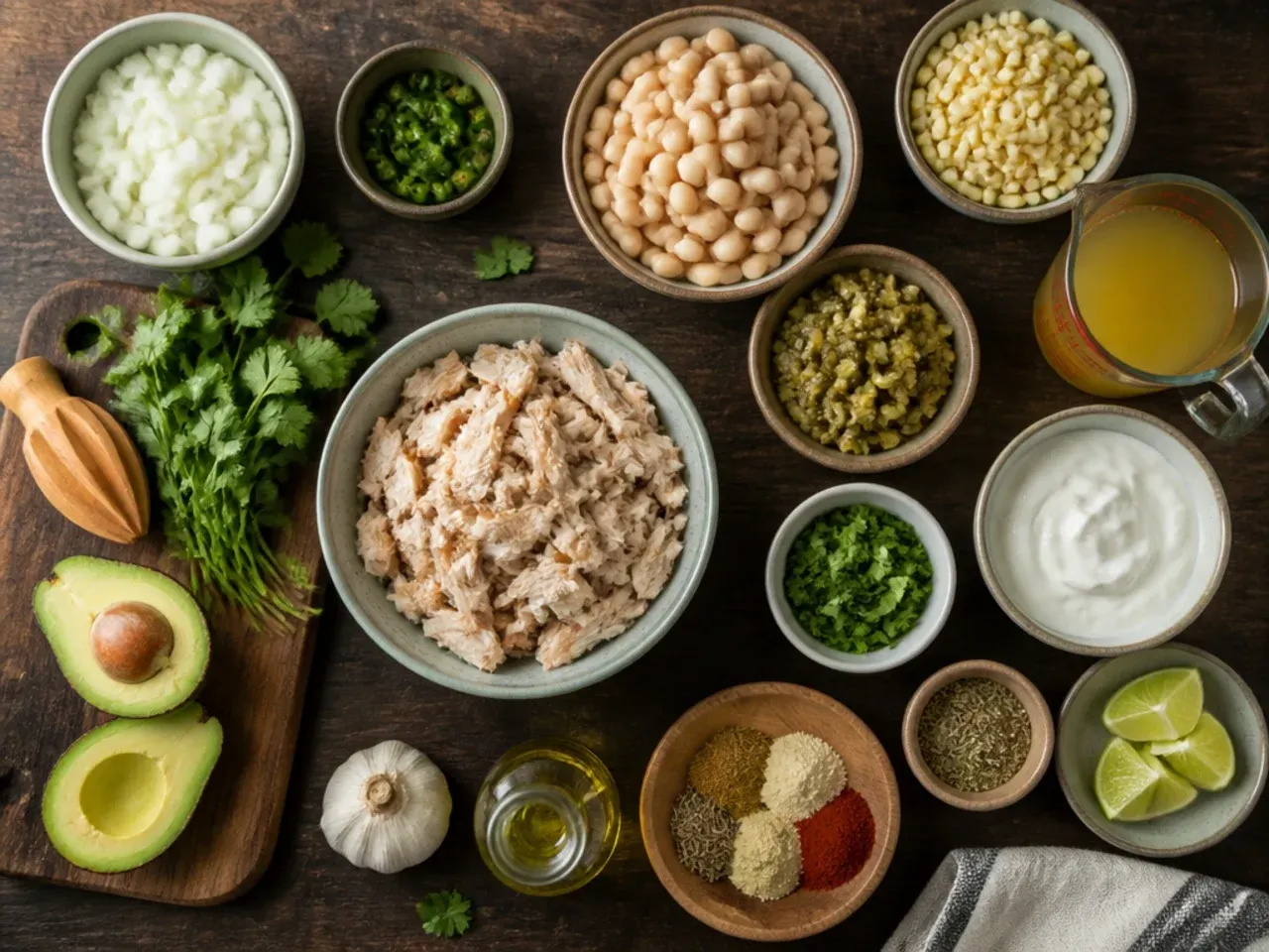 Close-up of a wooden spoon stirring creamy white chicken chili in a Dutch oven, showing shredded chicken and white beans.