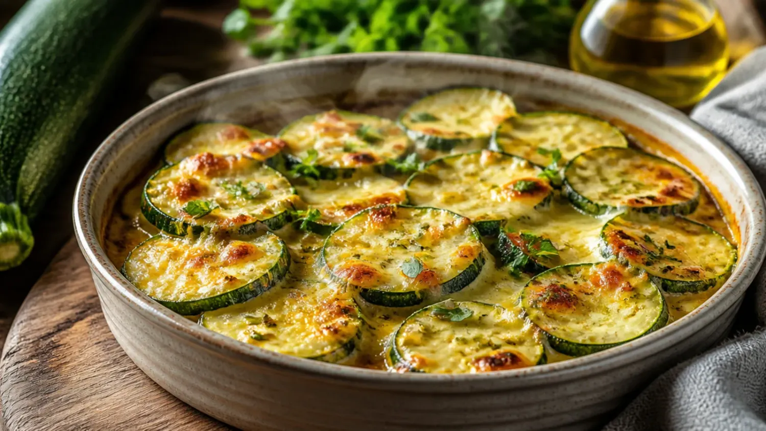 Rustic wooden table spread with an assortment of healthy zucchini recipes, including golden fritters, roasted spears and a cheesy casserole