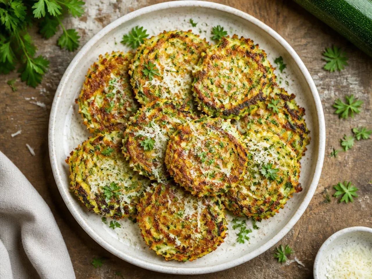 Stack of golden crispy zucchini fritters on a plate with lemon wedges
