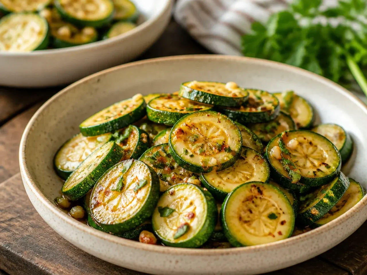 Garlic sautéed zucchini half-moons browning in a hot skillet