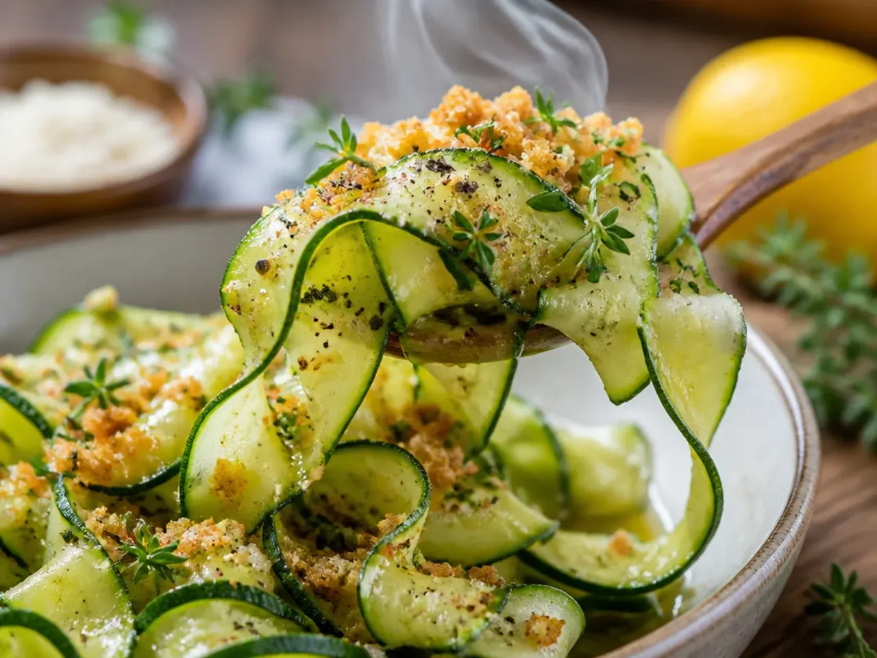 Fresh zucchini ribbon salad topped with shaved parmesan and basil leaves