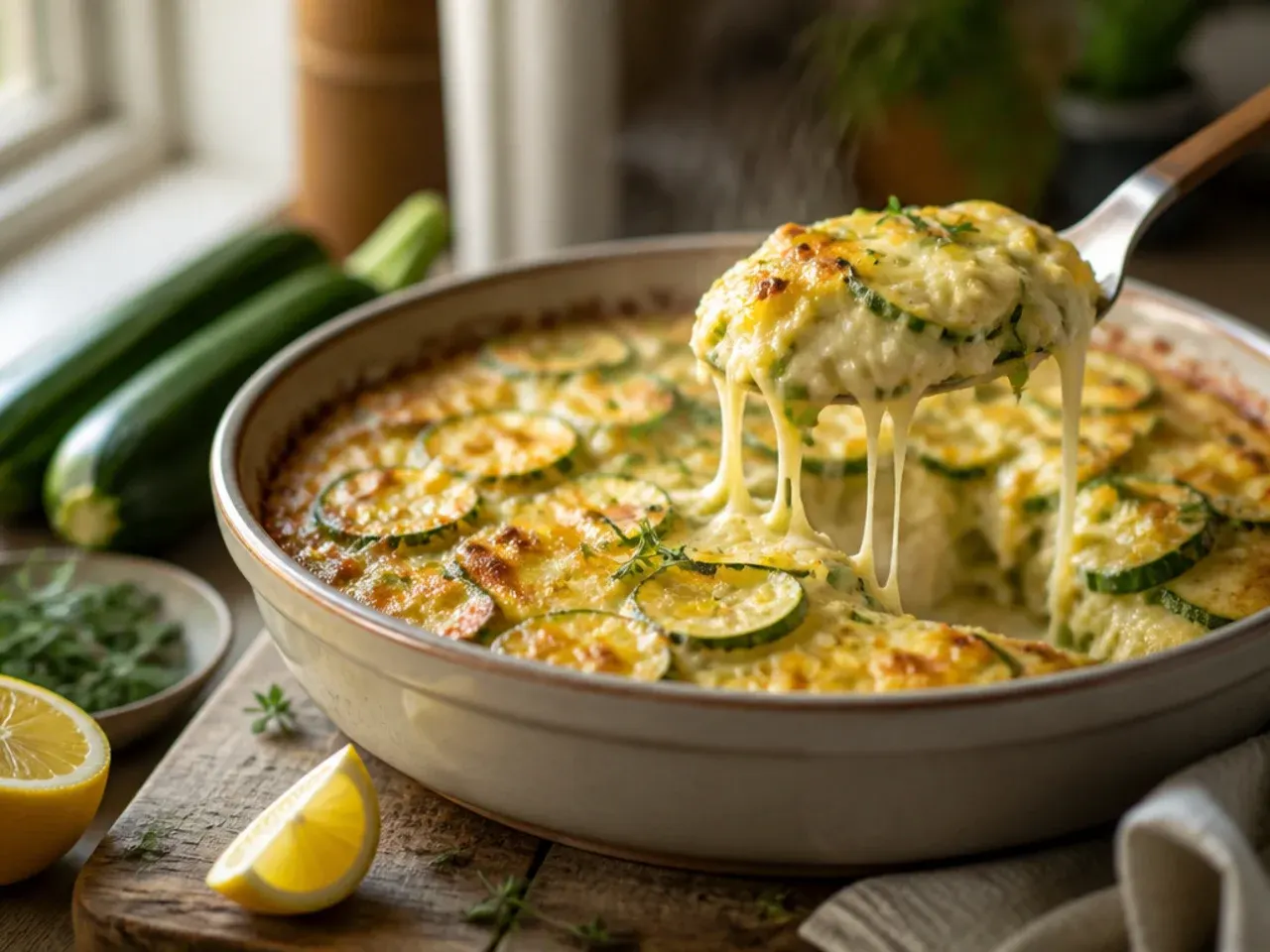 Bubbling cheesy zucchini casserole with golden panko topping in a baking dish