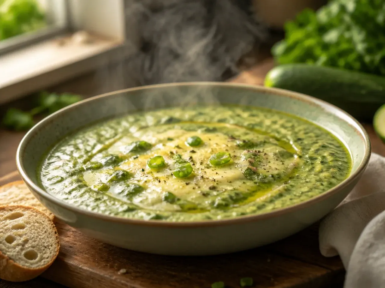 Bowl of creamy zucchini and spinach soup swirled with cream