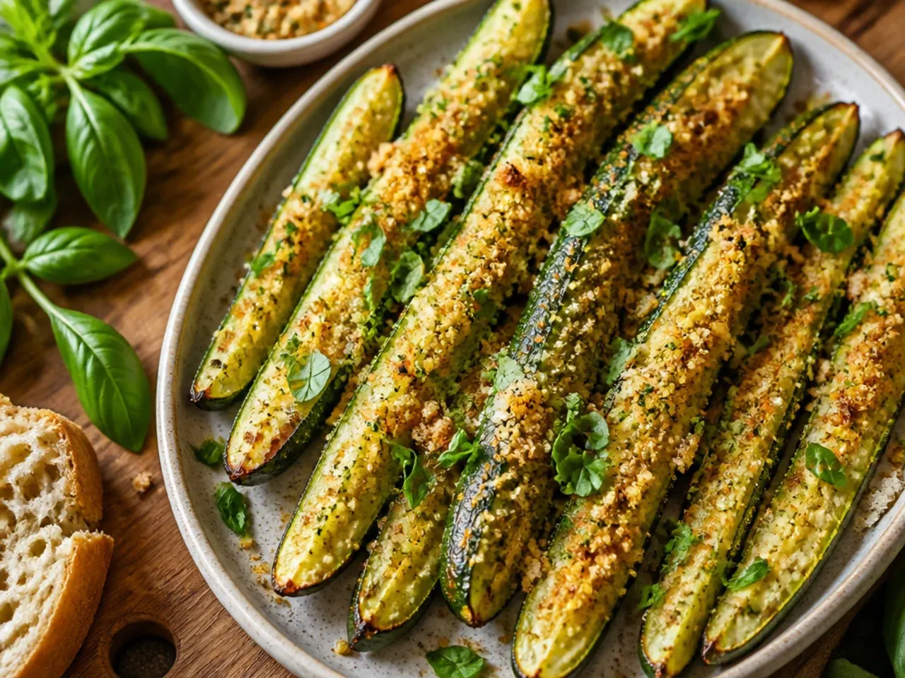 Tray of oven-roasted zucchini spears with blistered, browned edges