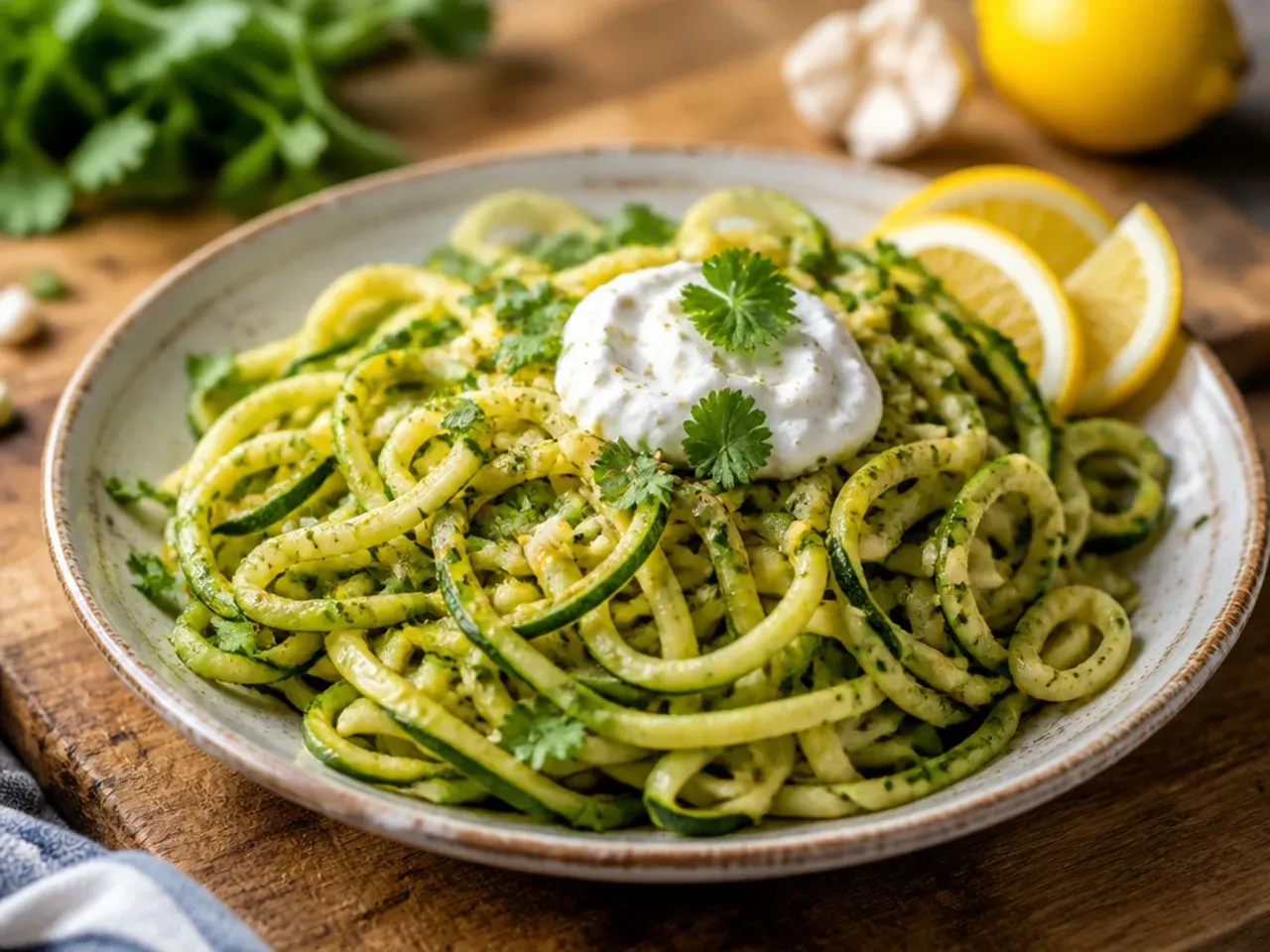 Zesty lemon-garlic zucchini noodles twirled in a bowl with black pepper