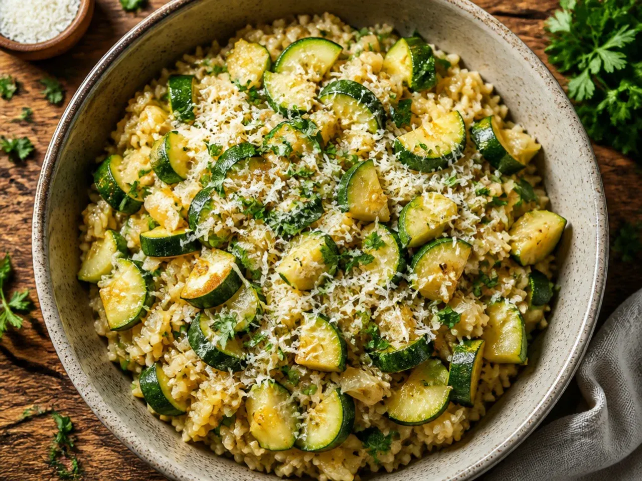 One-pan budget zucchini and rice skillet garnished with lime