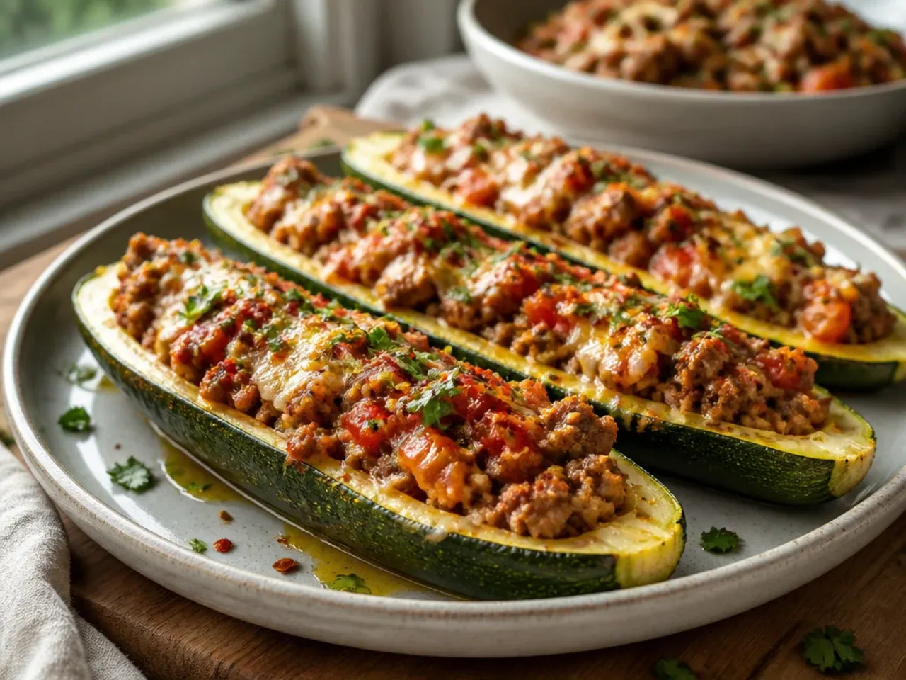Turkey-stuffed zucchini boats fresh from the oven with melted mozzarella