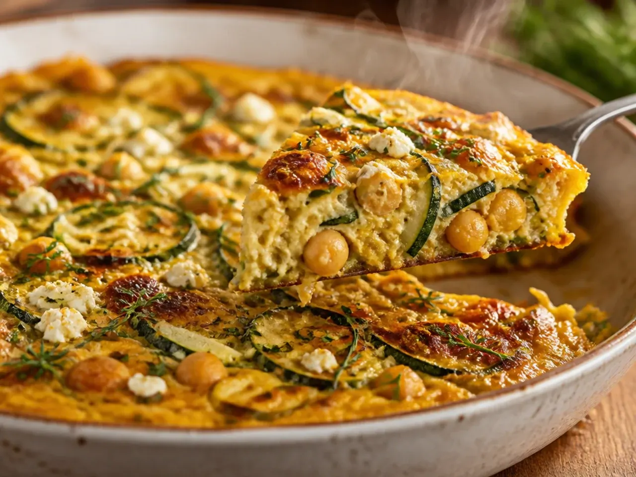 Sliced rustic zucchini and chickpea frittata in a cast iron pan