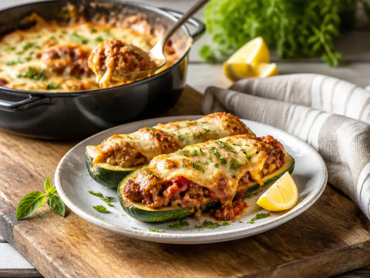 Loaded lasagna zucchini boats topped with bubbling melted cheese