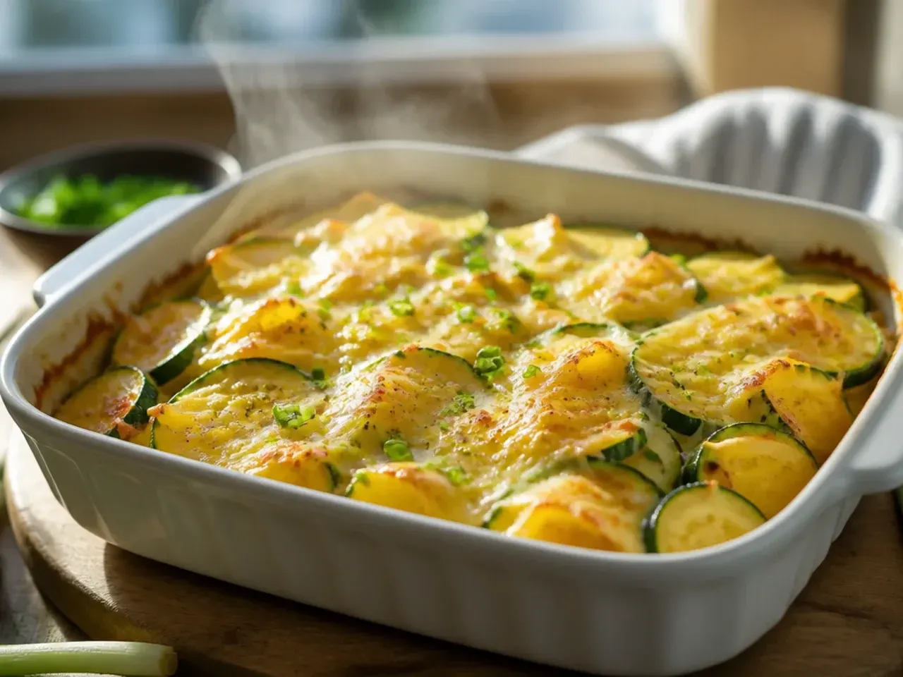 Family-size cheesy zucchini and potato bake sliced to show layers