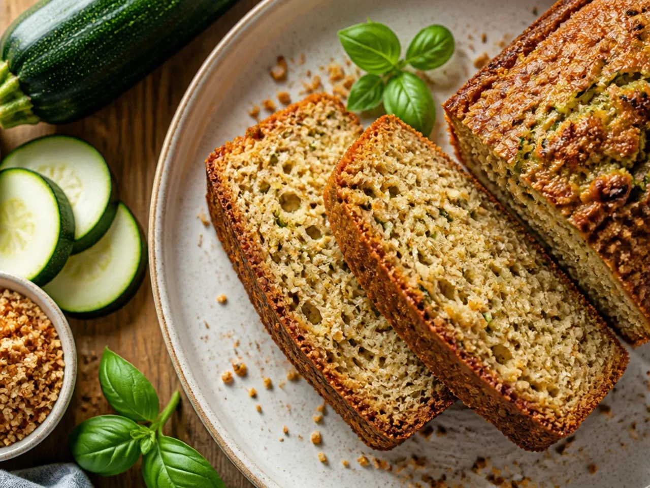 Sliced loaf of moist zucchini bread with a streusel topping