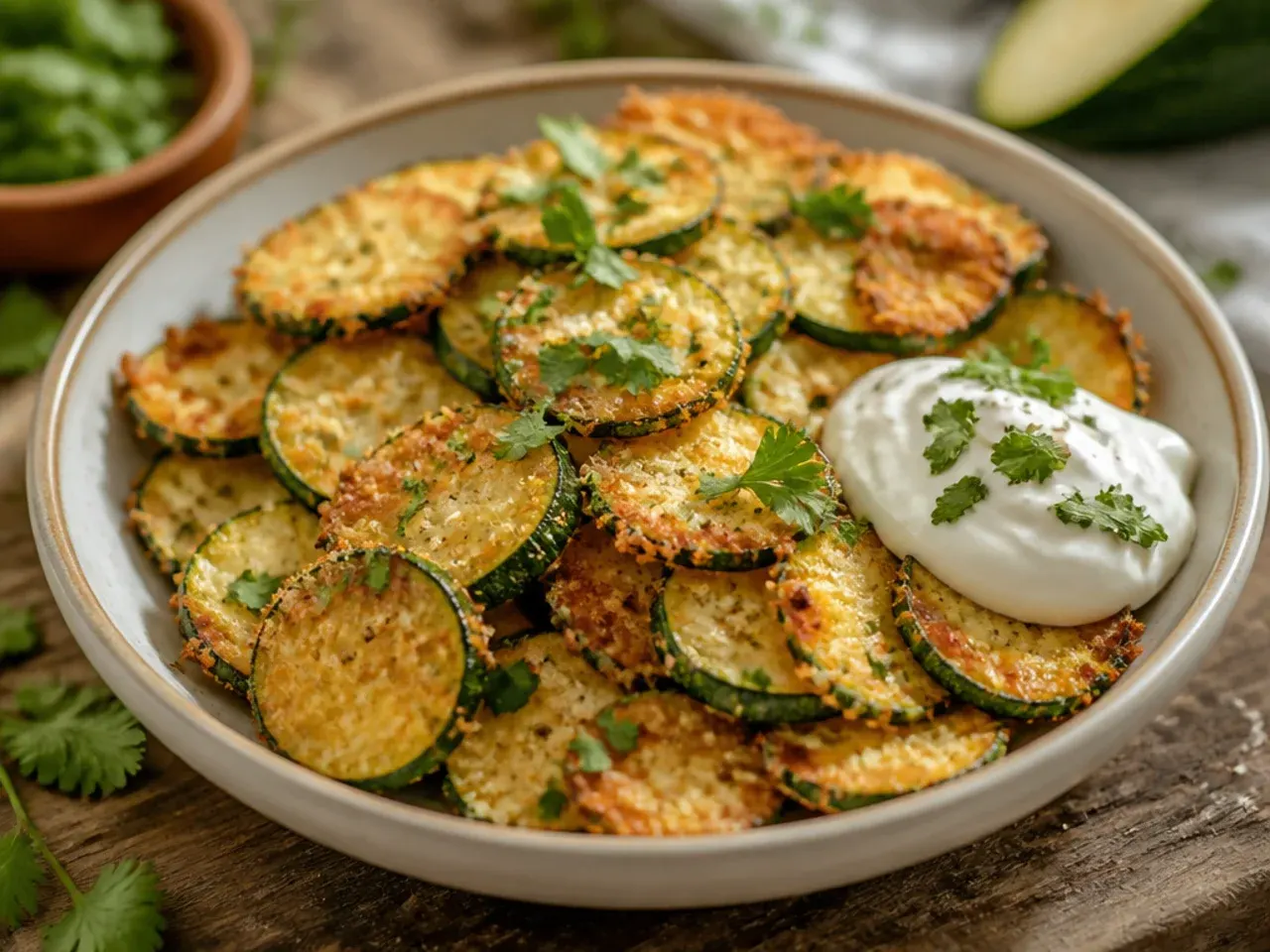 Crispy air-fryer zucchini chips arranged in the air fryer basket