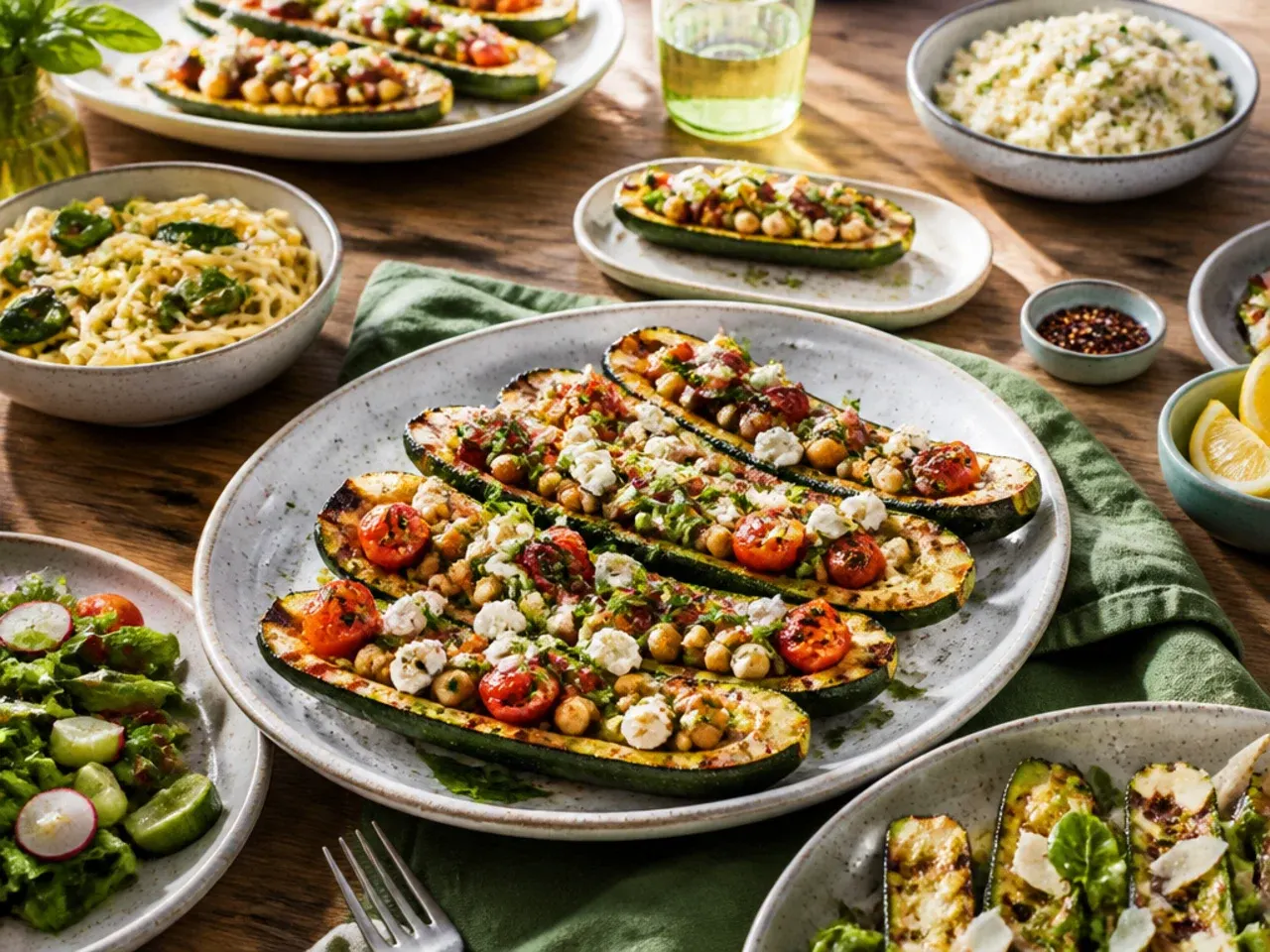 Dinner table set with a zucchini dish, green salad and dipping sauce