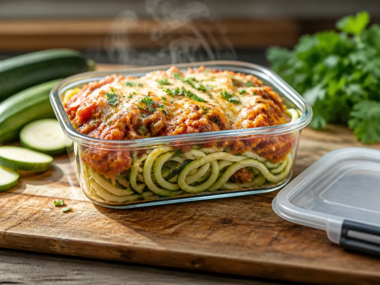 Leftover zucchini casserole stored in an airtight glass container
