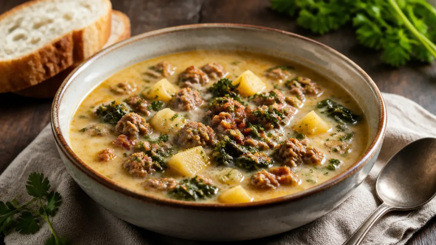 A bowl of healthy zuppa toscana soup with turkey sausage, kale, and diced potatoes in a creamy broth, topped with grated Parmesan